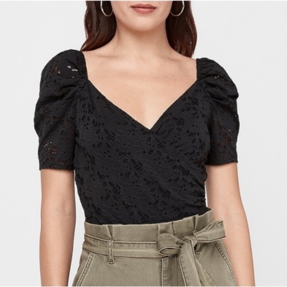 Express Tops - Express‎ lace puffed sleeve bodysuit black size medium